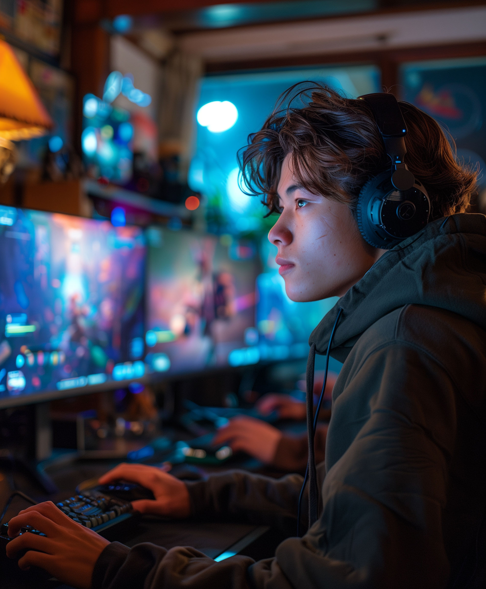 focused gamer at vibrant setup