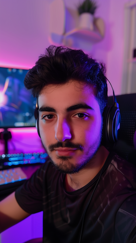 serene gamer in neon lit room